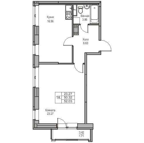 2-к eвро 52.03 м²