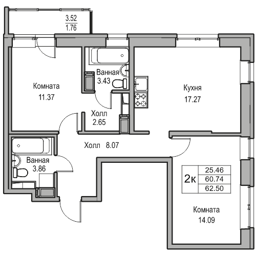 3-к eвро 62.5 м²