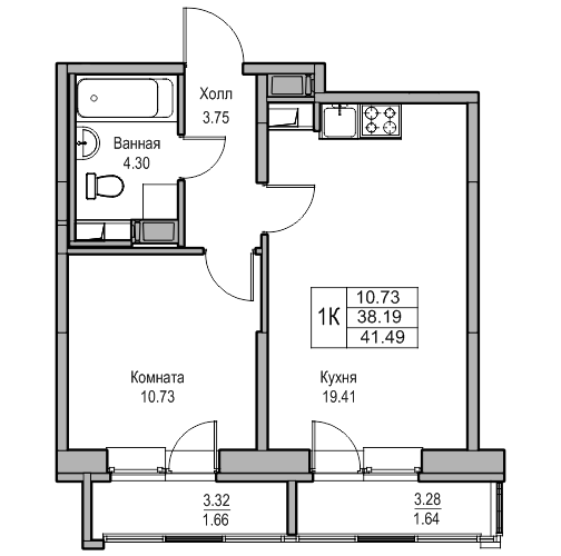 2-к eвро 41.49 м²