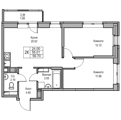 3-к eвро 56.7 м²