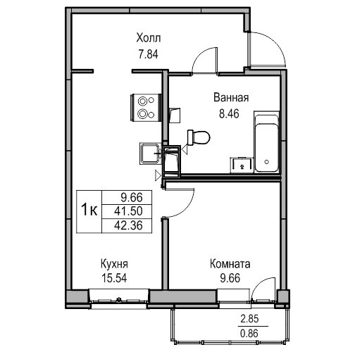 2-к eвро 42.2 м²