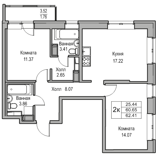 3-к eвро 62.41 м²