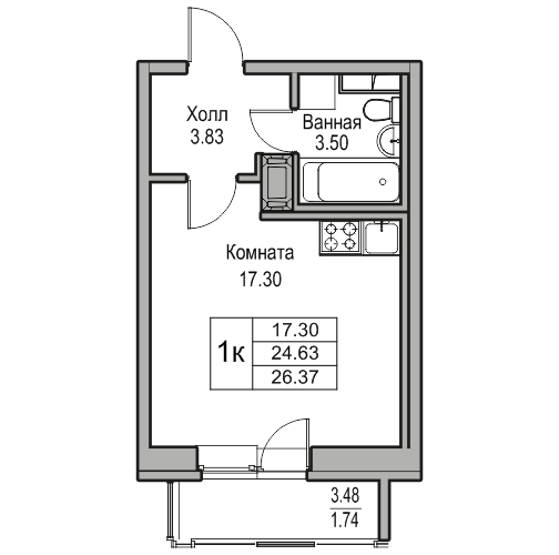 Студия 26.37 м²