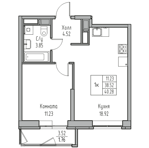 1-комнатная 40.28 м²