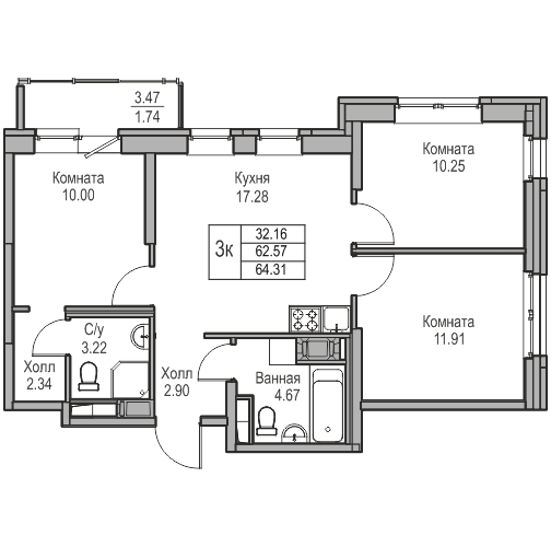 4-к eвро 64.31 м²