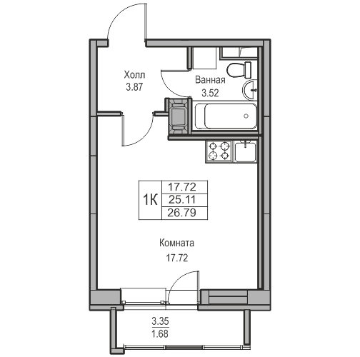 Студия 26.79 м²