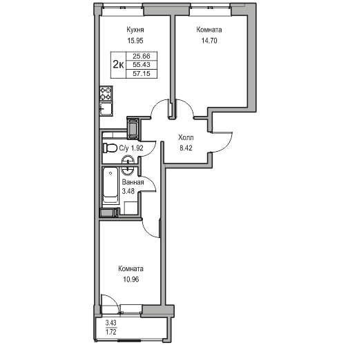 3-к eвро 57.15 м²