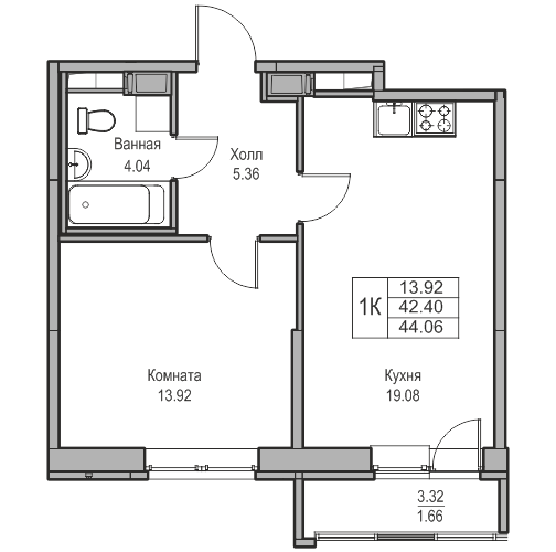 2-к eвро 44.06 м²