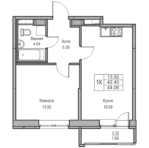 2-к eвро 44.06 м²