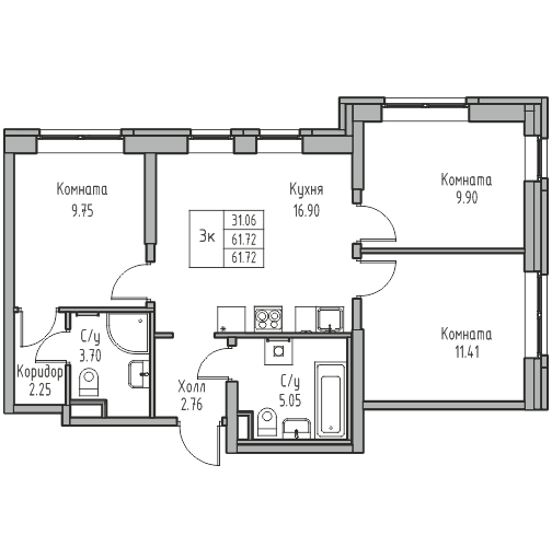 3-комнатная 61.72 м²