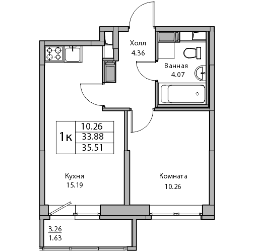 2-к eвро 35.51 м²