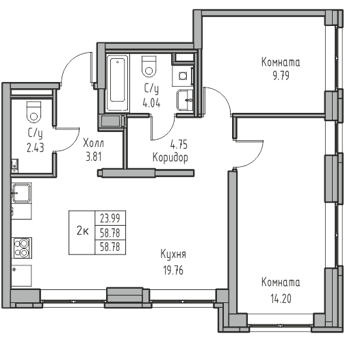 2-комнатная 58.78 м²