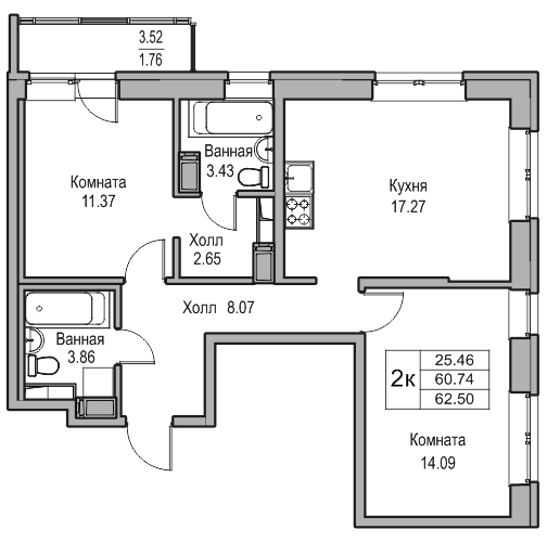 3-к eвро 62.5 м²