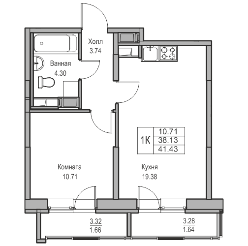 2-к eвро 41.43 м²