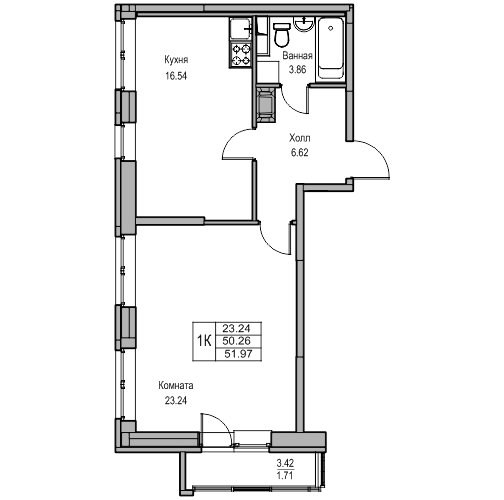 2-к eвро 51.97 м²