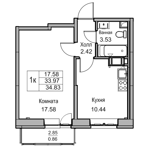 1-комнатная 34.7 м²