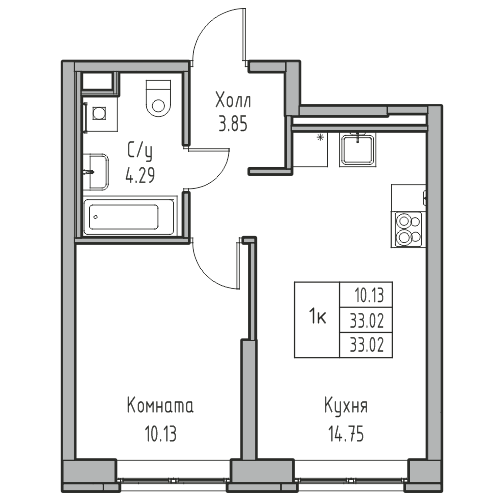 1-комнатная 33.02 м²