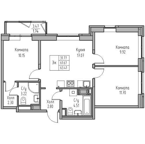 3-комнатная 63.41 м²