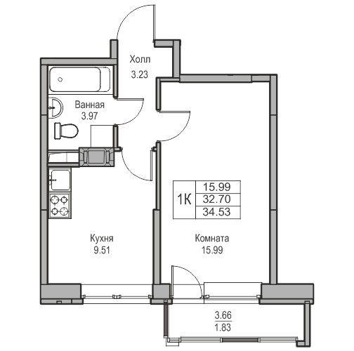 1-комнатная 34.53 м²