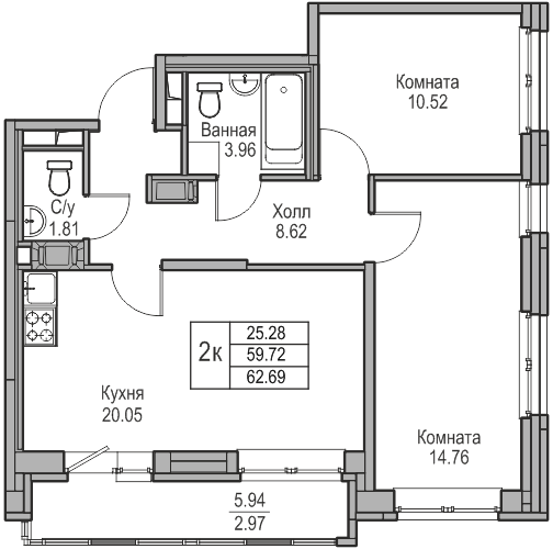 3-к eвро 62.69 м²