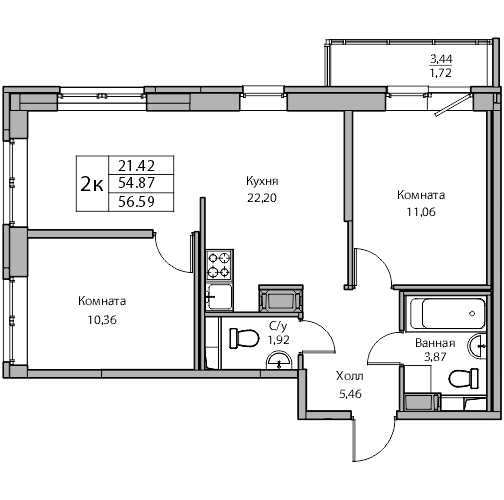 3-к eвро 56.59 м²