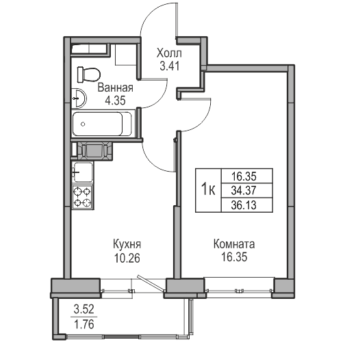 1-комнатная 36.13 м²