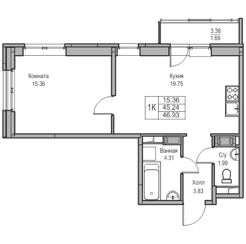 2-к eвро 46.93 м²