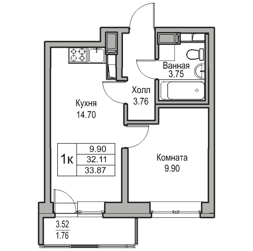 2-к eвро 33.87 м²