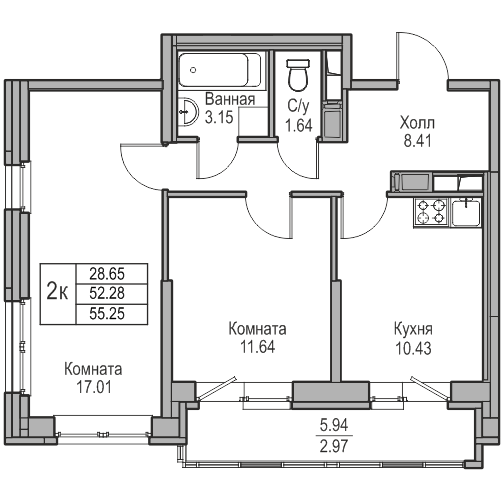 2-комнатная 55.25 м²