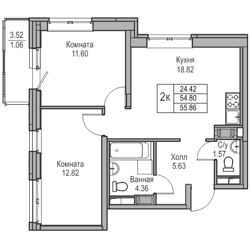 3-к eвро 55.86 м²