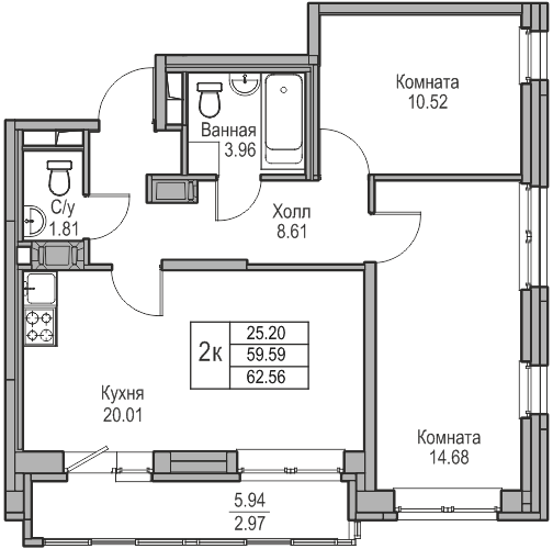 3-к eвро 62.56 м²