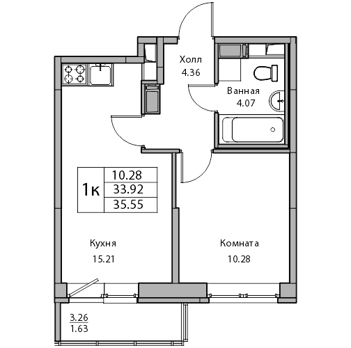 2-к eвро 35.55 м²