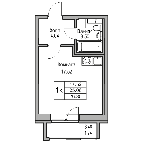 Студия 26.8 м²