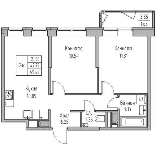3-к eвро 49.4 м²