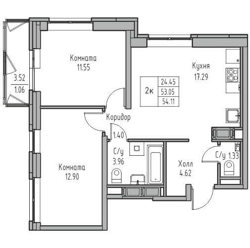 3-к eвро 54.11 м²