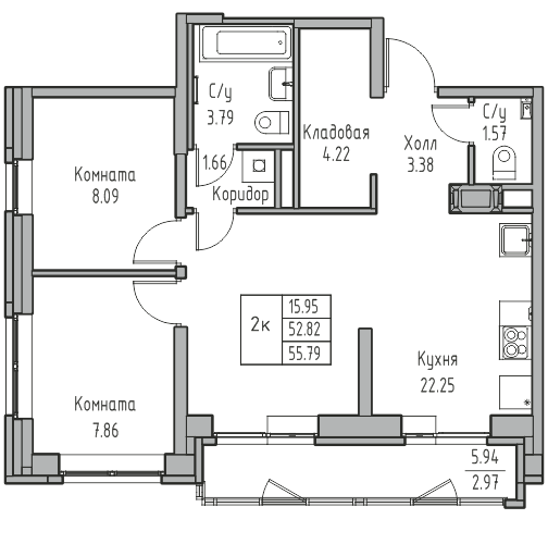 3-к eвро 55.79 м²