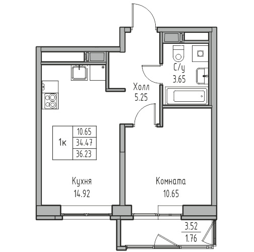 2-к eвро 36.23 м²