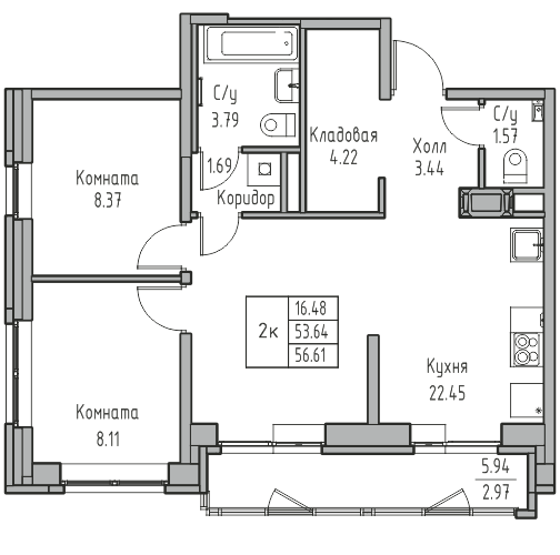 3-к eвро 56.61 м²