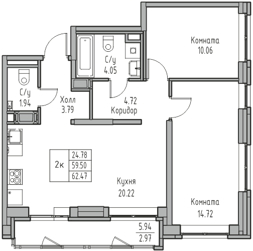 3-к eвро 62.47 м²