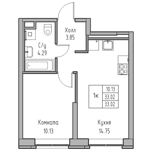 2-к eвро 33.02 м²
