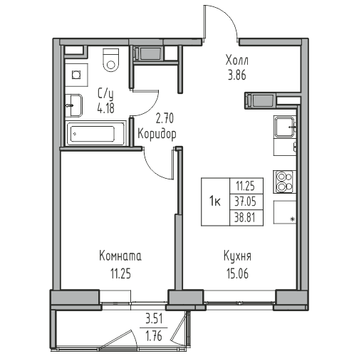 2-к eвро 38.81 м²