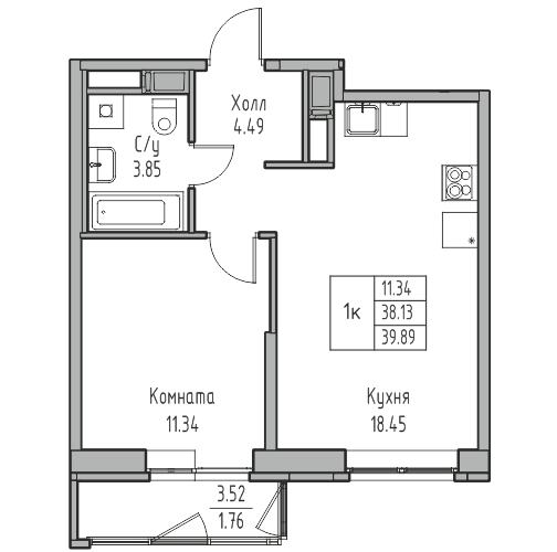 2-к eвро 39.89 м²