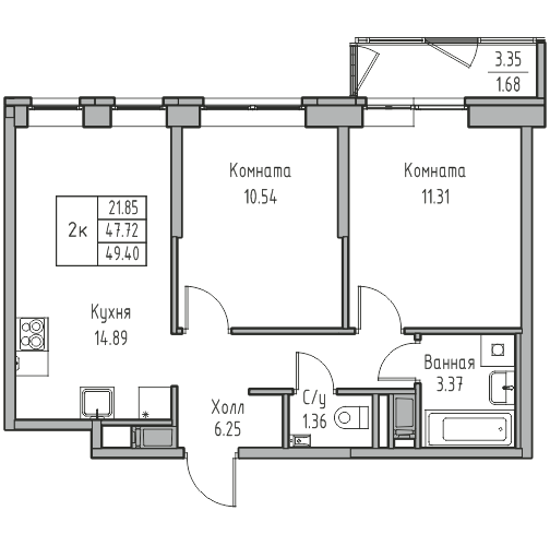 3-к eвро 49.4 м²