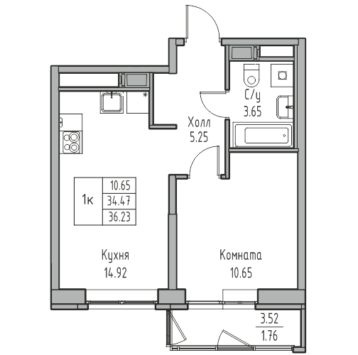 2-к eвро 36.23 м²