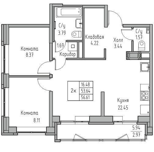 3-к eвро 56.61 м²