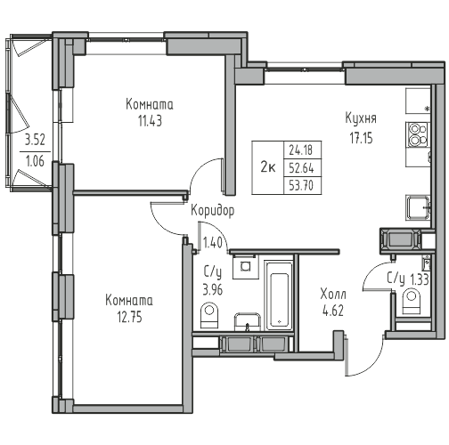 3-к eвро 53.7 м²