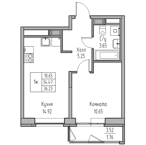 2-к eвро 36.23 м²