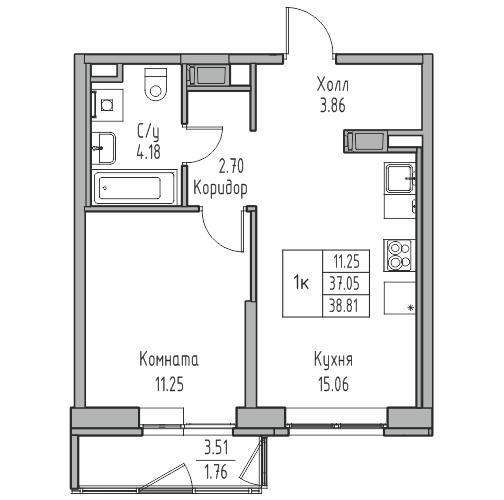 2-к eвро 38.81 м²
