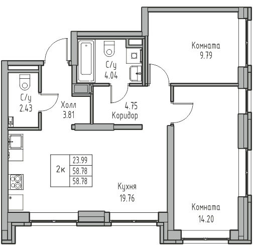 3-к eвро 58.78 м²