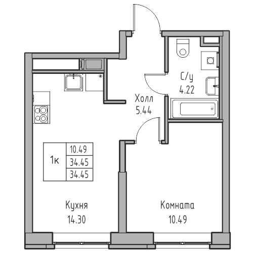 2-к eвро 34.45 м²